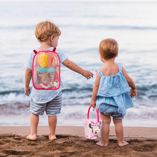 mochila y cubo con palas para la playa minnie mouse