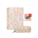 Pacote Escolar Camadas de Flores Pastel – Caderno A4 + Estojo + Borrachas