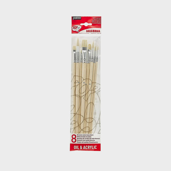 Set 8 Pinceles Cerda Blanca Mango Largo Pebeo (1)