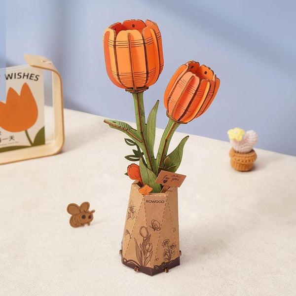 maqueta de madera por piezas tulipán naranja robotime