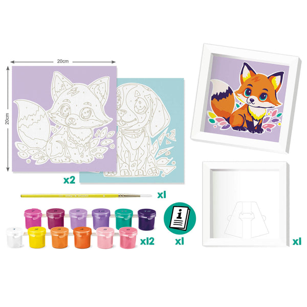 set con láminas de pintar por números perro y zorro maped