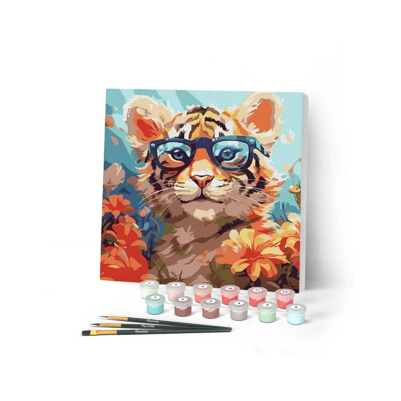Mini Paint by numbers Fantasy Tiger Cub and Flowers 20x20cm already framed