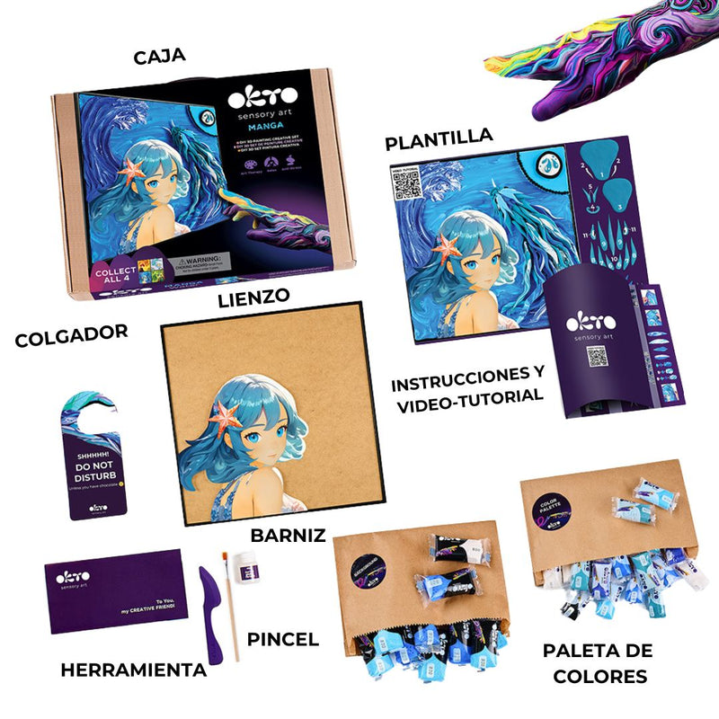 componentes del kit OKTO 3D water manga para pintar con arcilla de secado al aire