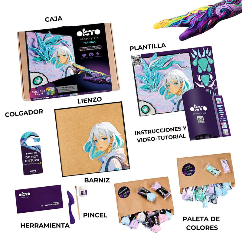 componentes del kit para pintar con pasta de modelar de secado al aire OKTO 3D air manga