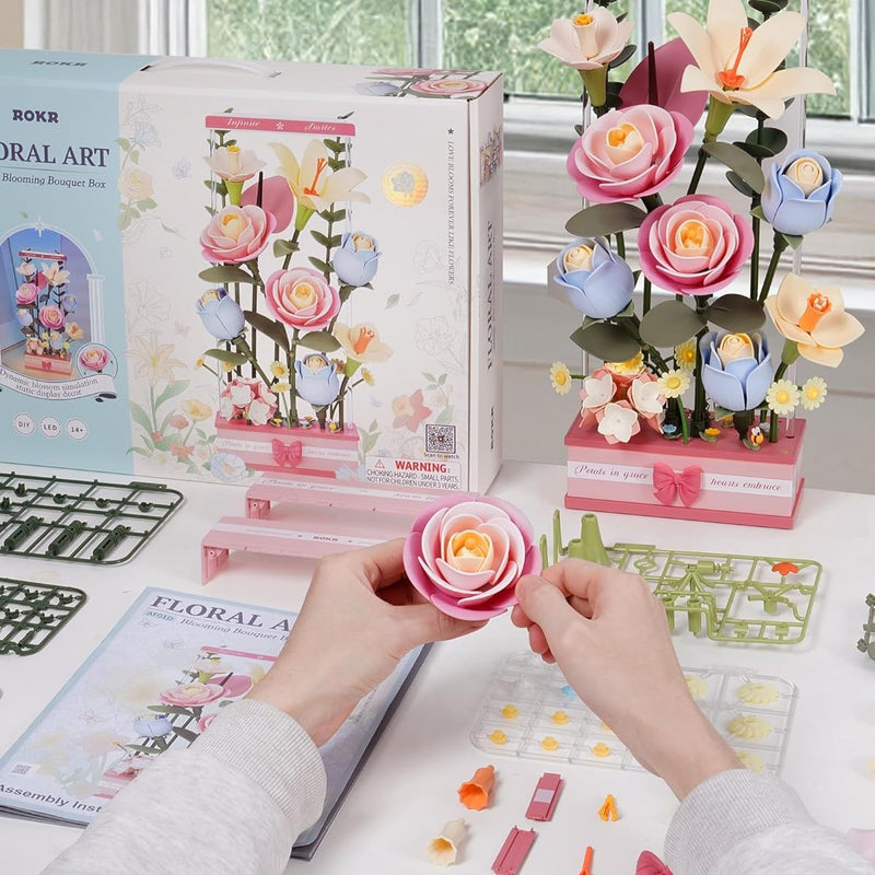 set de construccion flores 3D con motor y luces LED robotime