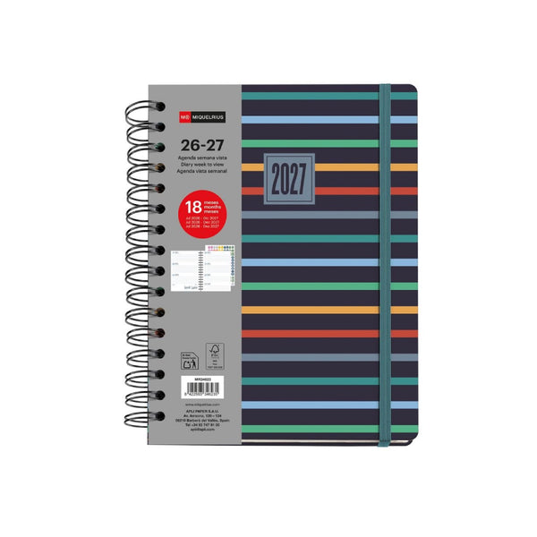 Agenda 18 Meses Plus Wire-O Semana Vista Stripes 2026-27 Miquelrius