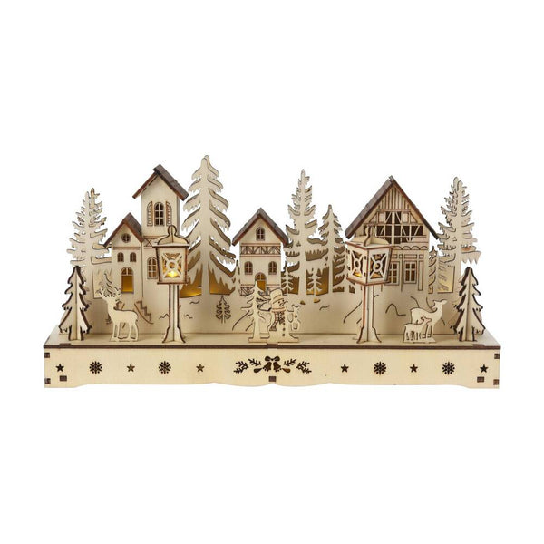 adorno pueblo navideño de madera con luces LED