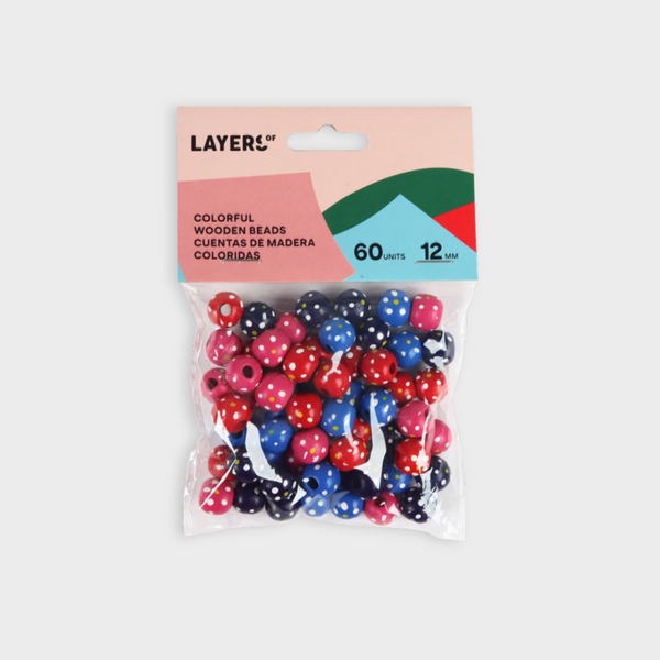 abalorios de madera para joyas y bisutería en color rojo, rosa azul y marino layers of