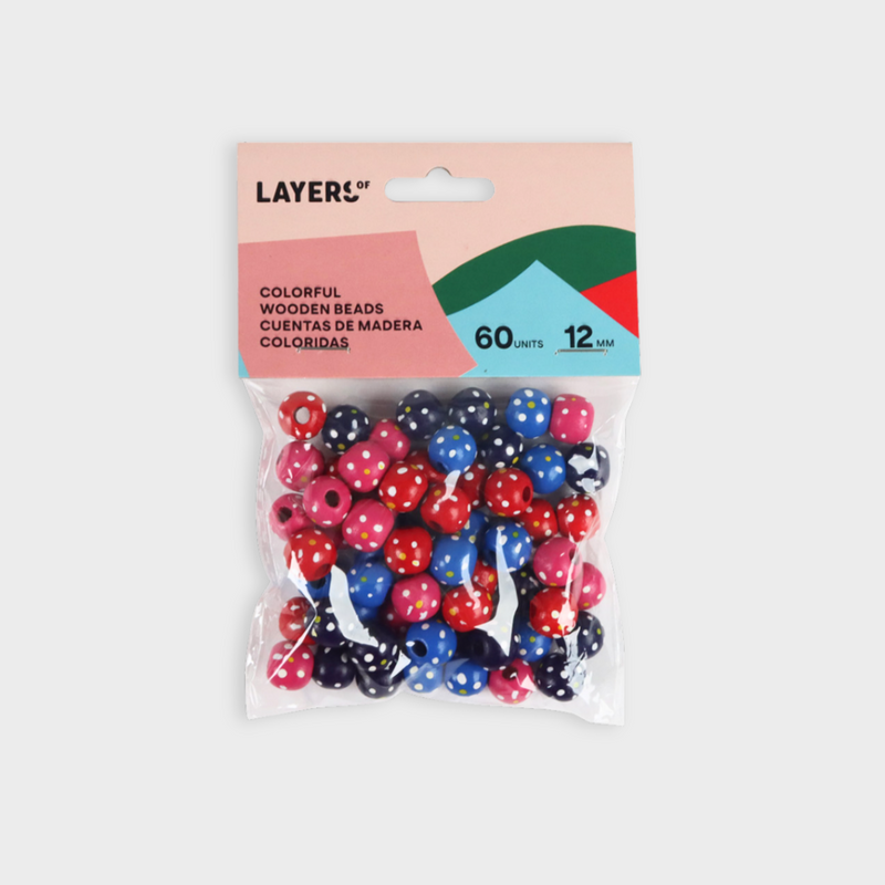 abalorios de madera para joyas y bisutería en color rojo, rosa azul y marino layers of