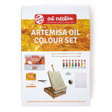 caballete sobremesa con pintura al óleo lienzo y pinceles art creation