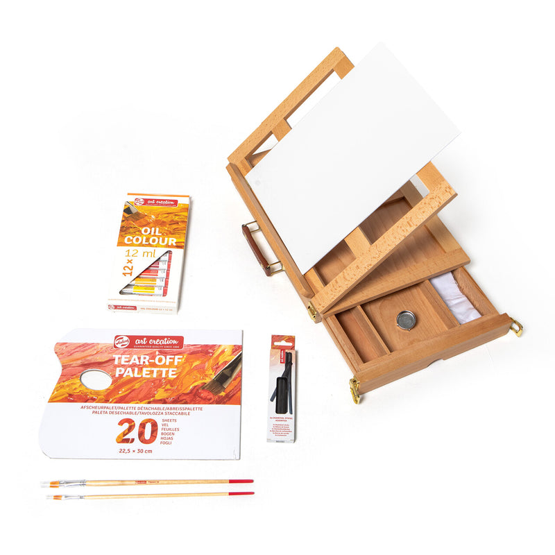 set completo iniciación al óleo con caballete de mesa art creation