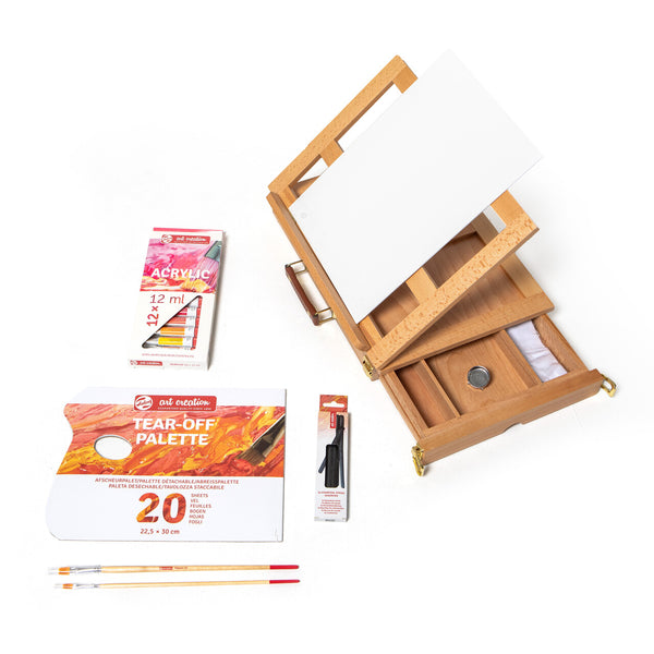 set acrílico callisto art creation caballete de madera con lienzo, pintura y pinceles