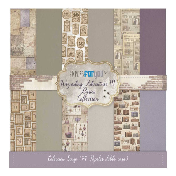 Álbum de recortes com 14 folhas frente e verso, papéis básicos para a aventura mágica III para si