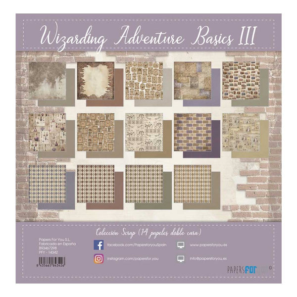 Álbum de recortes com 14 folhas frente e verso, papéis básicos para a aventura mágica III para si