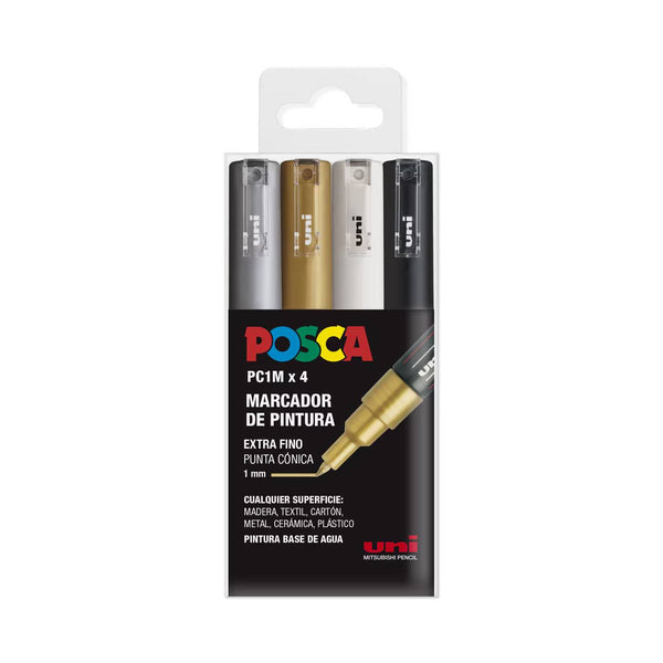 Estuche 4 Rotuladores Blanco-Negro-Oro-Plata Posca PC-1M