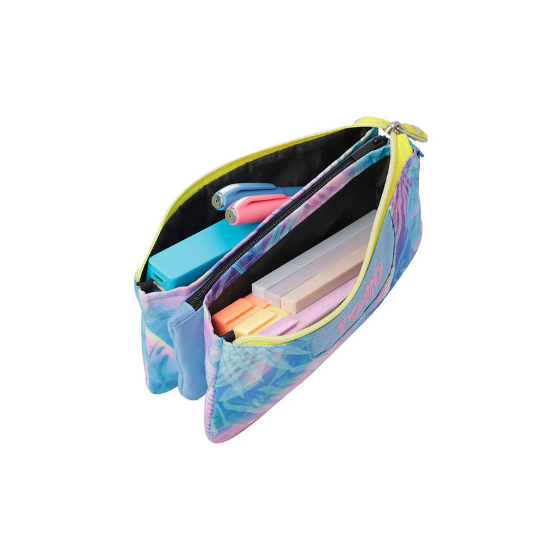 estuche con 3 bolsillos para el colegio y el instituto tropical lila y azul