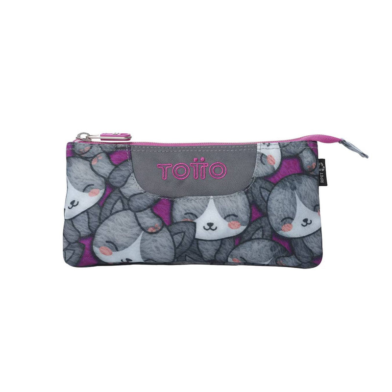 estuche 3 compartimentos gatos totto chicas color gris y rosa