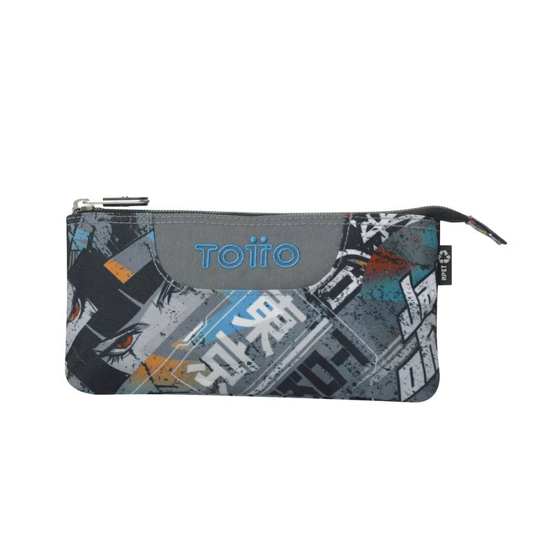 estuche 3 compartimentos anime totto color gris estilo graffiti