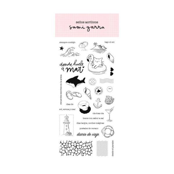set de 35 sellos acrílicos postales de verano sami garra
