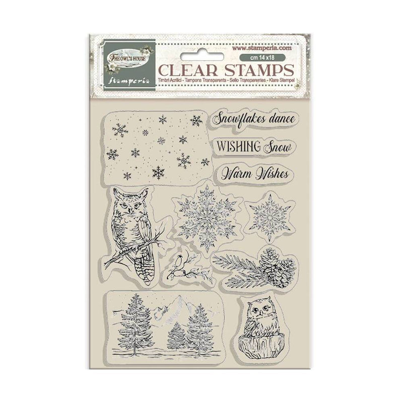 sellos acrilicos con diseño navideño buhos y copos de niebe the owl's house stamperia