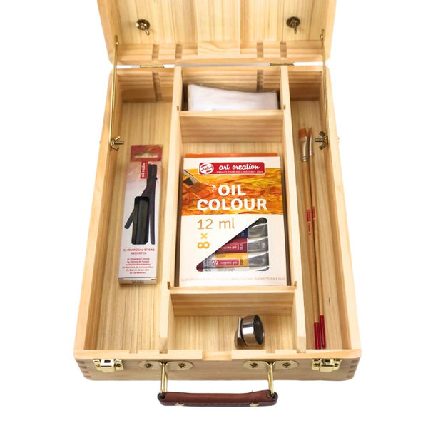 set completo para pintar con óleo + caballete de madera sobremesa art creation