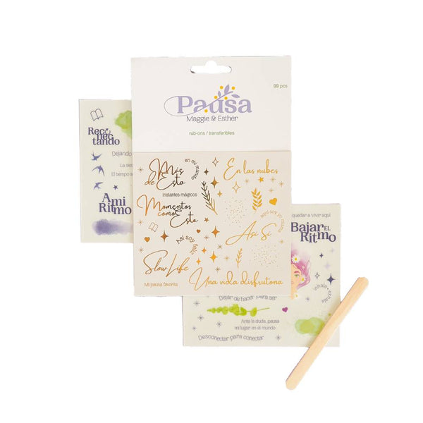 set 3 hojas de transferibles rub on pausa basic crea