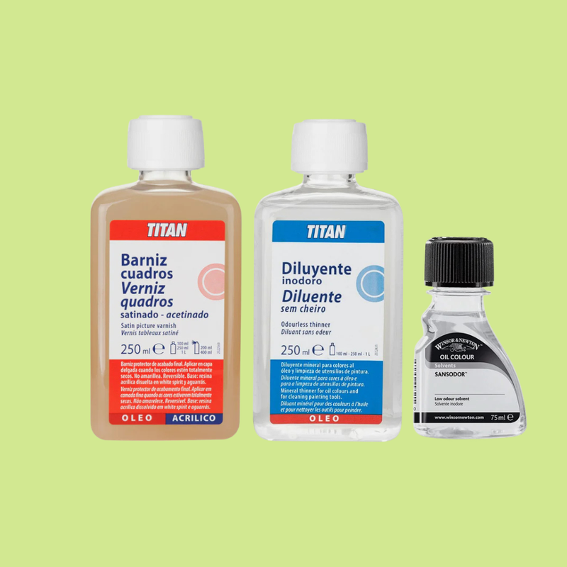Auxiliares para pintura óleo, aceites, diluyentes, barnices , gesso 