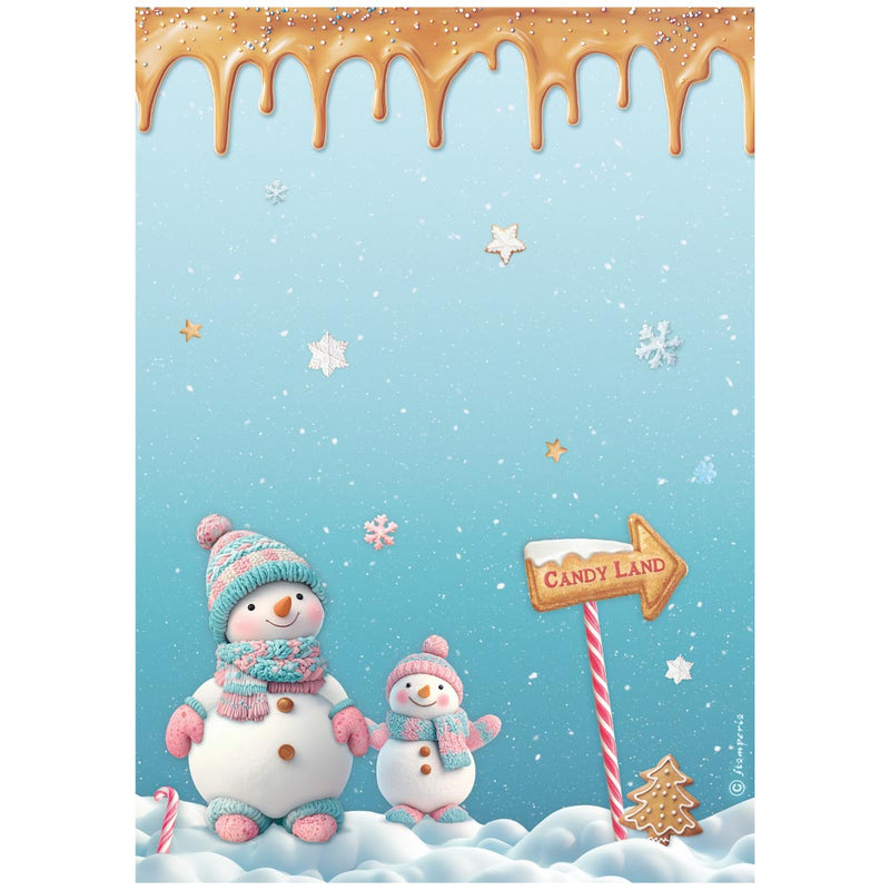 papel de arroz stamperia A4 candy christmas muñeco de nieve