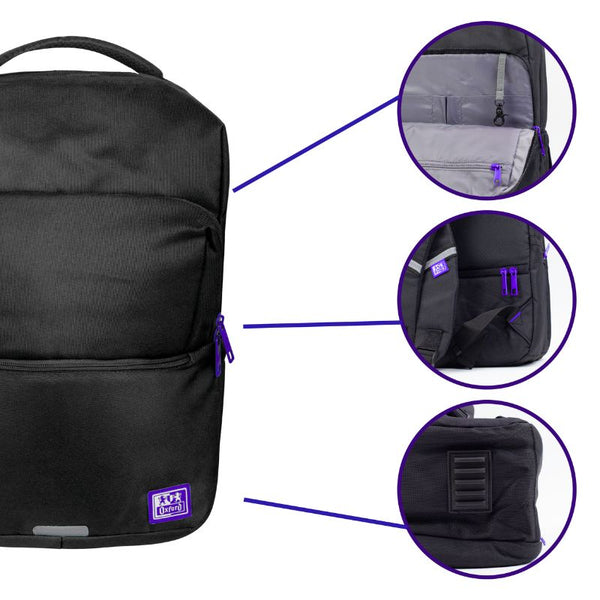 Mochila negra de la marca oxford, tiene organizadores interiores, espalda acolchonada, bolsillo secreto