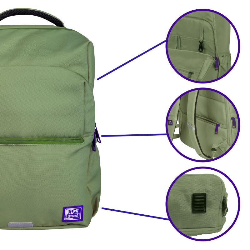Mochila verde safari de la marca oxford, tiene organizadores interiores, espalda acolchonada, bolsillo secreto