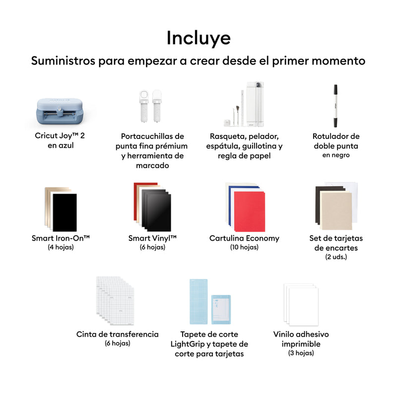 Contenido del pack Cricut Joy 2 Essential con materiales y herramientas