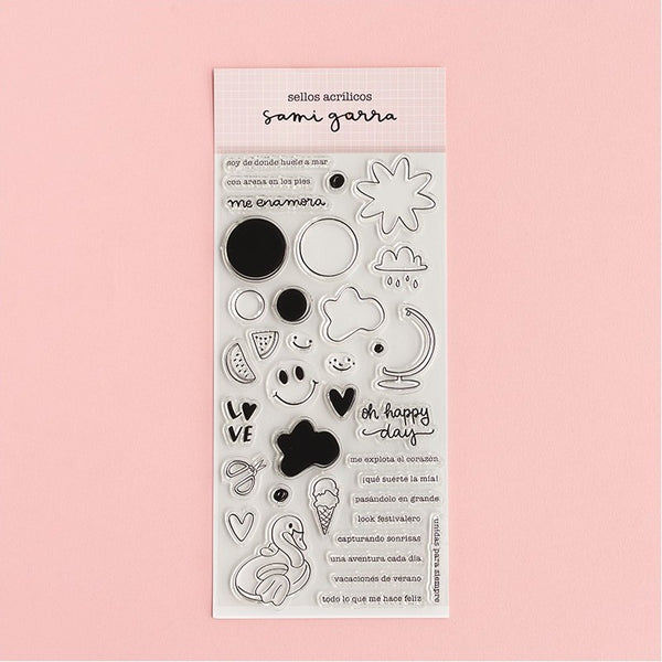 set de 37 sellos acrilicos basic crea happy days sami garra
