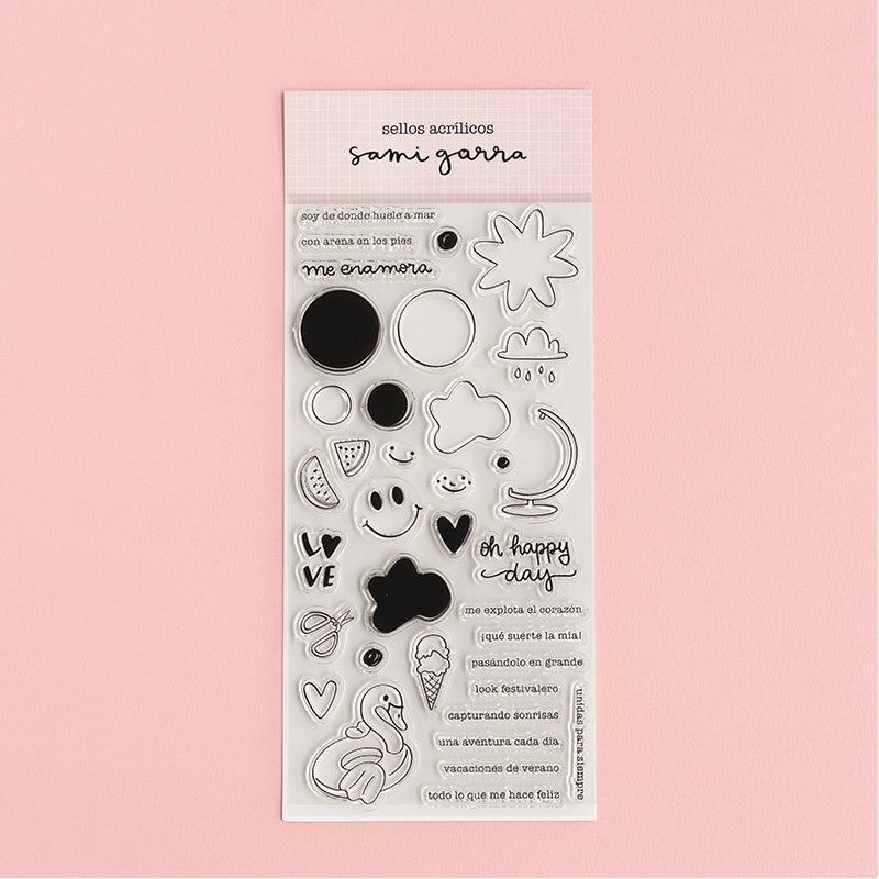 set de 37 sellos acrilicos basic crea happy days sami garra