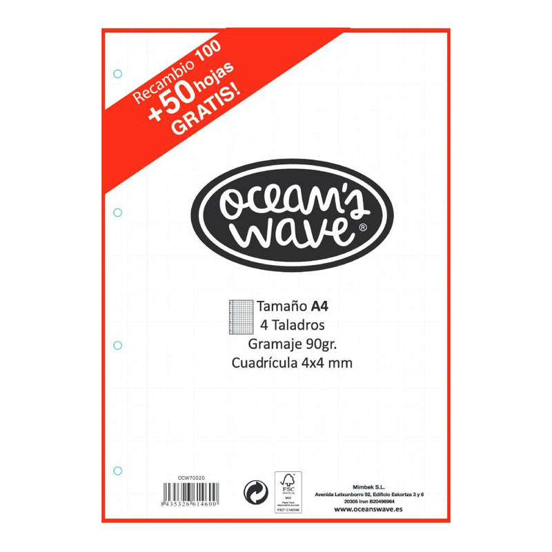 Recambio Cuadriculado A4 100+50 Hojas Gratis Oceans Wave