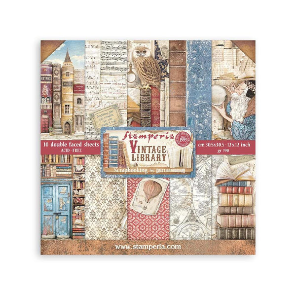 Set 10 Papeles Scrap 30x30cm Vintage Library Stamperia