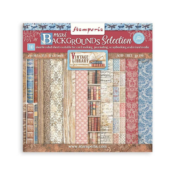Set 10 Papeles Scrap 30x30cm Maxi Background Vintage Library Stamperia