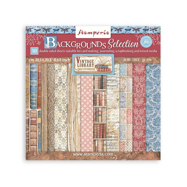 Set 10 Papeles Scrap 20x20cm Maxi Background Vintage Library Stamperia