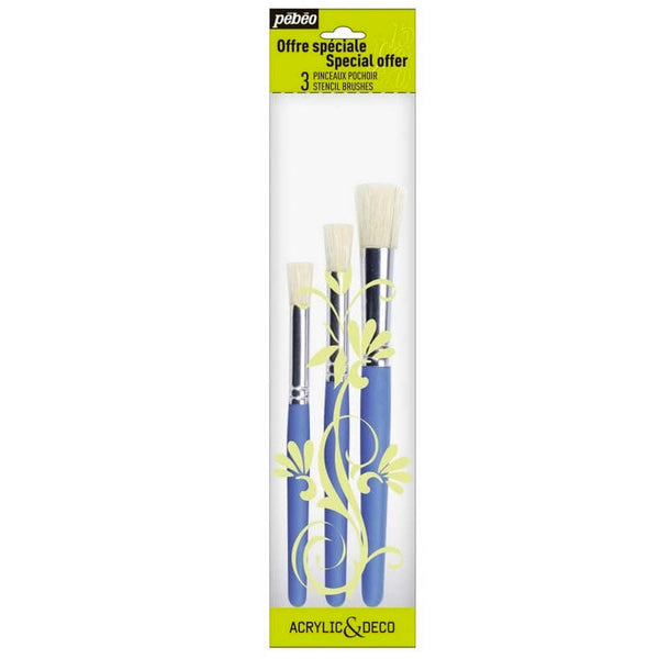 Set 3 Pinceles Estarcido Mango Corto Cerda Plana Pebeo
