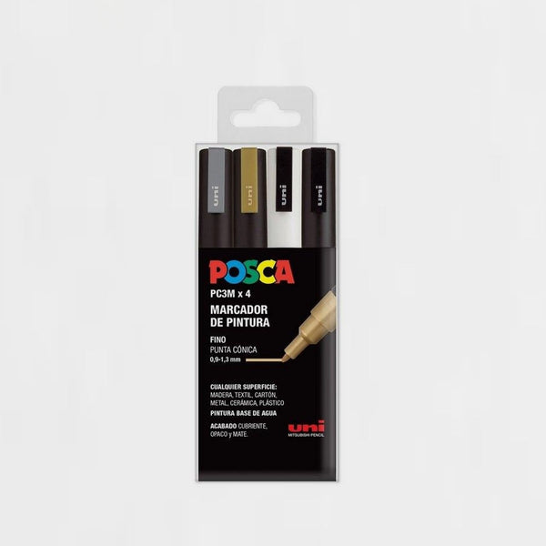 Estuche 4 Rotuladores Blanco-Negro-Oro-Plata Posca PC-3M