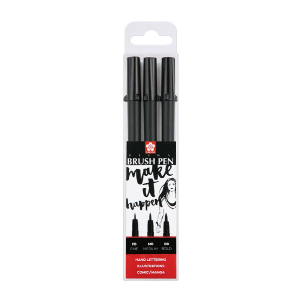 Set 3 Rotuladores Pigma Pincel Brush Negro Sakura