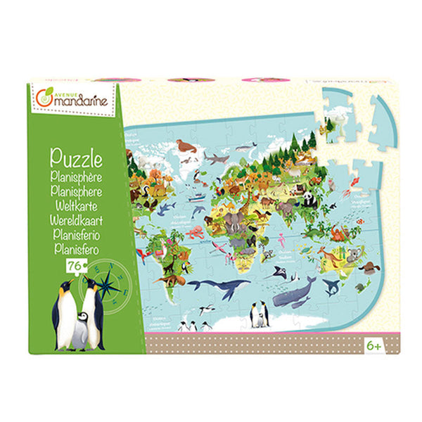 Puzzle Planisferio del Mundo con Animales de 72 Piezas 6+ Avenue Mandarine