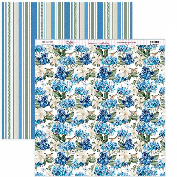 Papel Scrap Hortensias azules, mariposas, pájaros y rayas 30x30cm Dayka