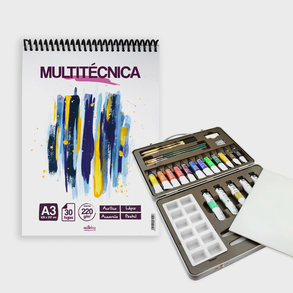 Maletín de Pintura Studio Acrylics Pebeo + Bloc Multitécnica A3 Milbby